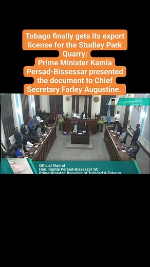 Tobago finally gets its export license for the Studley Park Quarry: Prime Minister Kamla Persad-Bissessar presented the document to Chief Secretary Farley Augustine, on Tuesday. | Reloaded News Alert