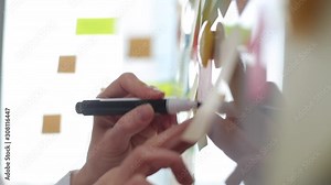 A business woman in the office uses post sticky notes to share an idea. Concept of brainstorming, team.