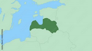 Map of Latvia with pin of country capital. Latvia Map with neighboring countries in green color.