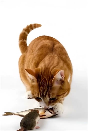 Cat eating fish with the rat