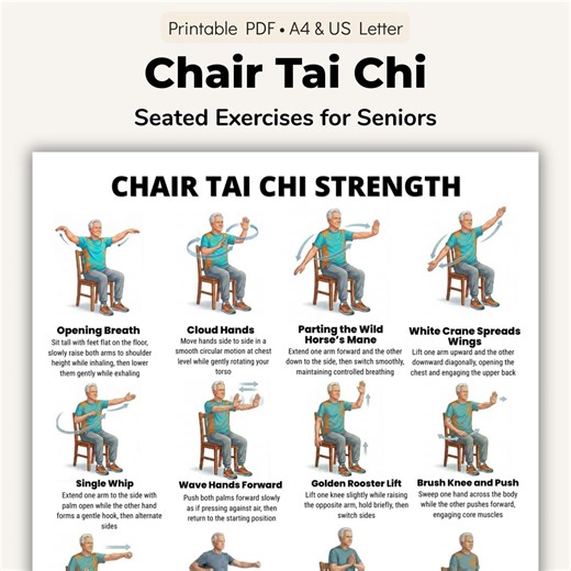Tabela do druku Tai Chi na krześle, Tai Chi na siedząco dla seniorów w formacie PDF, Plakat do ćwiczeń na krześle dla seniorów, Tabela ścienna Tai Chi - Etsy Polska