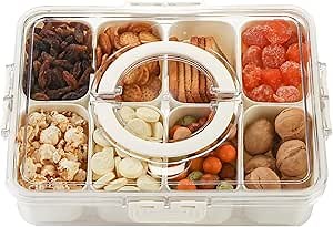 Divided Serving Tray, Snack Organizer Tray with Lid for Veggie, Fruit, Large Multi Grid Food Snackle Box Charcuterie Storage Container, Snack Tackle Boxes for Adults, Kids Travel, Party and Picnic