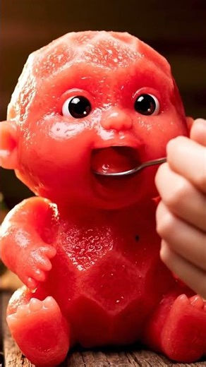 a cute, anthropomorphic baby chubby figure made entirely of peeled watermelon segments