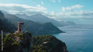 Aerial view Torre del Verger in Banyalbufar Touristic Town in Mallorca (Majorca), Es Port des Canonge, Serra de Tramuntana