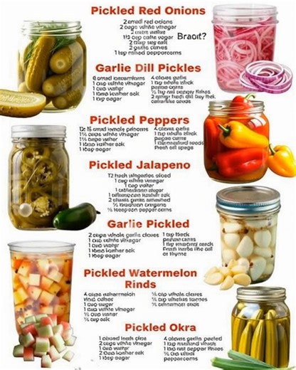 A jar full of crunch — homemade pickled goodness! Recipes👇 1. Red Onion Pickles Ingredients: 2 small red onions 2 cups white vinegar 2 cups water ⅓ cup cane sugar 2 tablespoons sea salt 2 garlic cloves 1 teaspoon mixed peppercorns Instructions Thinly slice the onions (it's helpful to use a mandoline), and divide the onions between 2 (16-ounce) jars or 3 (10-ounce) jars. Place the garlic and peppercorns in each jar, if using. Heat the vinegar, water, sugar, and salt in a medium saucepan over med