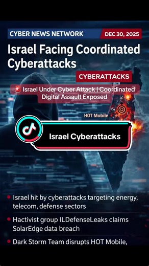 Dec 30, 2025 - 10AM ET. Israel is facing a wave of coordinated cyberattacks targeting energy, telecom, and government-linked systems. Hacktivist groups are claiming responsibility for data breaches, DDoS attacks, and infrastructure disruption — signaling a growing digital battlefield. ⚠️ Alleged breaches include SolarEdge and major telecom providers ⚠️ Multiple threat groups involved ⚠️ Cyber warfare escalating in real time