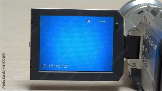 The silver camcorder screen displays a bright blue "no signal" background while the tape rewinds. As the mechanical gears spin the internal spools, a high-pitched, metallic whirring sound fills air.