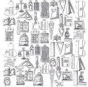 56pcs Mixed Styles School Theme Charms Tibetan Alloy Teacher Pendants Ruler Pen Books Calculator Compass Charms for DIY Bracelet Necklace Crafts Jewelry Making, Antique Silver