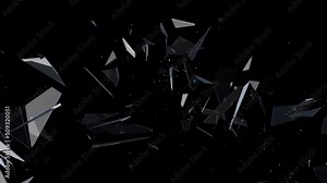 Glass shatter breaking into a small piece of debris in slow motion with transparent background.