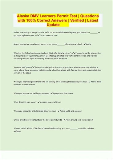 Latest Alaska DMV Learners Permit Test Questions with 100 Correct Answers Verified Latest Update 59