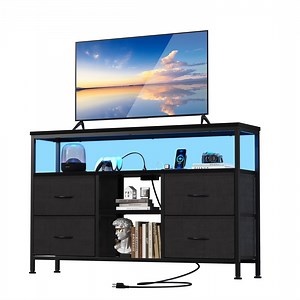 EDX 43-inch TV Stand with Power Outlets and LED Light, Double-layer 4 Fabric Drawers , Media Console with Storage for Living Room or Bedroom, Black