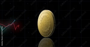 Gold coin with NFT text and CRYPTO CURRENCY animation over financial graph