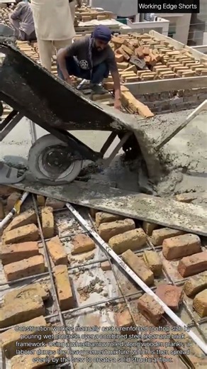 🏗️🚧 Rooftop Slab Casting: Wheelbarrow Dumps Wet Concrete Over Rebar