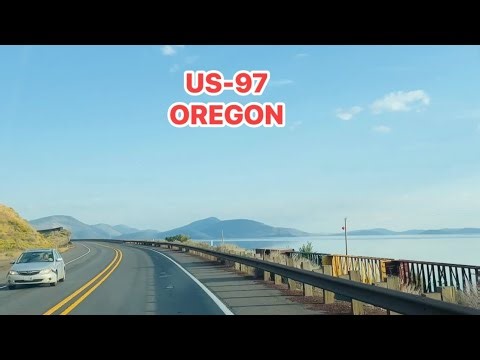 Driving on US-97 OREGON near Klamath Falls overlooking Upper Klamath Lake