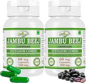 Natural and Pure Herbal SYZYGIUM CUMINI (Jambu Beej, Jamun Beej) Extract Capsules | Highest Potency, 100% Herbal Product | Pack of 60 X 500 mg. Veg. Capsules (Pack of 2 Jar)
