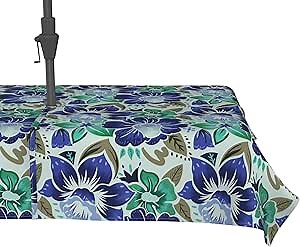 Outdoor Tablecloth Patio Table Cloth with Zipper and Umbrella Hole Stain Resistant Water-Repellent Table Cover for Backyard Garden Porch Swimming Pool, 60 x 84 Inch, Lily Blue