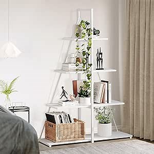 Book Shelf, 4 Tier Ladder Shelf, Ladder Bookcase with Sailboat A Shaped Structure, Bookshelf with Sturdy Shelves Display, Free Standing Storage Shelves for Living Room, Home Office, Bedroom, White