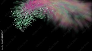 Particle explosion. A comet’s curved flight path. 3D-rendering of particle trajectories. Particles move to the side and leave a trace of brilliance.