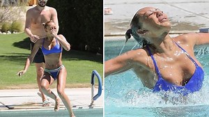 Mel B suffers a wardrobe malfunction as she leaps into a swimming pool with her friend Gary Madatyan