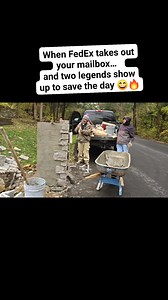 FedEx backed straight into my old limestone mailbox and launched the entire thing into the ravine. 😄🔥 You’d honestly need a bobcat to pull it out — it’s that deep. So today, these two amazing gentlemen are here building me a brand new limestone mailbox. Solid, beautiful, and country-strong. You never know what the day will bring out here… but at least the rebuild is going to look gorgeous. 🪨✨ #ThatPorscheWoman #CountryLife #LimestoneMailbox #FedExDrama #SouthernStories #LifeInMotion #HomeProj