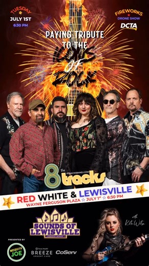 8tracks - ROCK Tribute Band on Instagram: "THE 8TRACKS ► RED WHITE & LEWISVILLE ☆ Wayne Ferguson Plaza, Lewisville TX | Tuesday, July 1st at 6:30 PM!! Join us for a SPECTACULAR night of family fun featuring GREAT MUSIC, a DRONE SHOW & FIREWORKS!! THE 8TRACKS, Texas’s preeminent arena rock band, is excited to perform with Texas-based country artist, Kate Watson Music, at the #SoundsofLewisville RED WHITE & LEWISVILLE celebration sponsored by Mosquito Joe of Metro Northwest Dallas Fort Worth (3646