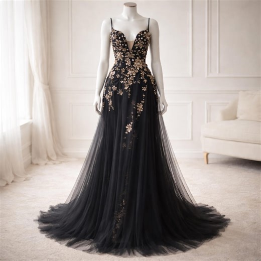 Gothic Black Wedding Dress With Gold Floral Embroidery, Dark Romantic Tulle Bridal Gown - Etsy
