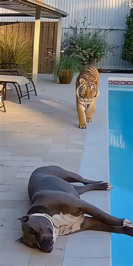 Fearless Cat Knocks Tiger into Pool to Save Sleeping Pitbull 🐱💥🐅💦
