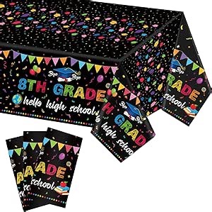 3 Pcs 8th Grade Graduation Tablecloth Decorations Plastic Table Cover 54 x 108 Inch Grade Hello High School Graduation Confetti Party Decor for Congrats Grad 2025(Black)