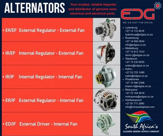 ⚙️ Know Your Alternators – Choose the Right Fit Not all alternators are built the same — and choosing the right configuration makes all the difference to performance, durability, and reliability. At EDG South Africa, we stock and support a full range of alternator types to suit light, heavy-duty, mining, and industrial applications: 🔧 ER/EF – External Regulator / External Fan 🔧 IR/EF – Internal Regulator / External Fan 🔧 IR/IF – Internal Regulator / Internal Fan 🔧 ER/IF – External Regulator 