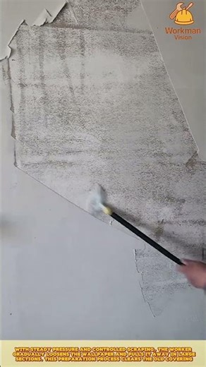 Skilled Worker Removing Old Wallpaper from Wall Surface for Renovation Preparation