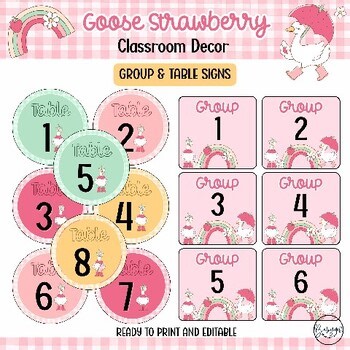 Table Number Signs & Group Labels Goose Strawberry Editable Classroom Decor
