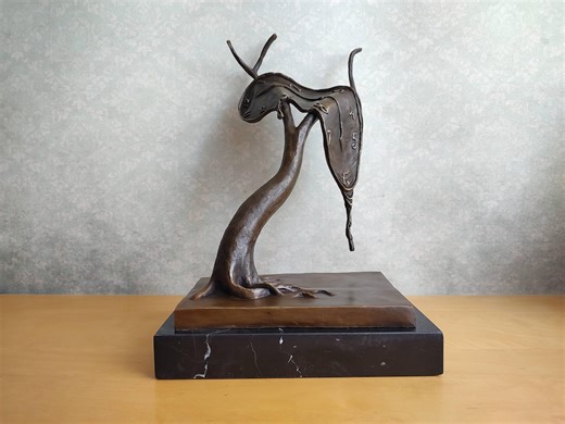 Melting Clock Sculpture – Surrealist Bronze Art on Marble Base Salvador Dali Homage - Etsy