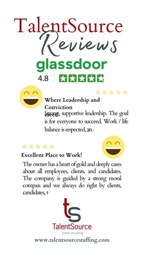 Celebrating our 4.8⭐ Glassdoor rating and the incredible people behind it  At TalentSource, we are proud to create a supportive, people first environment for our internal team, talent, and clients. Curious what it is like to work with us or for us? Check out our reviews here: https://buff.ly/nh1AzgV #TalentSource #WorkWithPurpose #PeopleFirst #GlassdoorReviews | TalentSource | Facebook