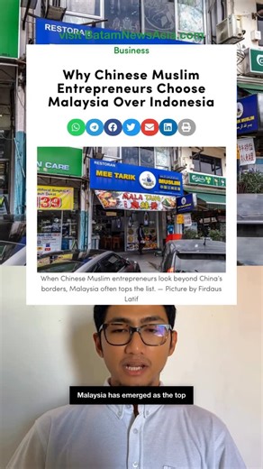 Batam News Asia on Instagram: "Why Chinese Muslim Entrepreneurs Choose Malaysia Over Indonesia. Malaysia has emerged as the preferred overseas base for Chinese Muslim entrepreneurs, not because of sheer market size, but due to cultural familiarity and operational ease. With a population exceeding 34 million, including around 20 million Muslims and more than six million ethnic Chinese, the country offers an ecosystem where halal compliance and cultural understanding coexist seamlessly. Language r