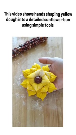 bio life 🧬 on Instagram: "In a delightful showcase of culinary artistry, a viral video demonstrating the creation of a stunning sunflower-shaped bun has captivated food enthusiasts worldwide. Shared by user @nanasasz on X (formerly Twitter), the clip features skilled hands transforming simple yellow dough—likely infused with natural colors like turmeric or pumpkin—into an edible masterpiece. The process begins with flattening the dough and using a comb to imprint textured lines, mimicking petal