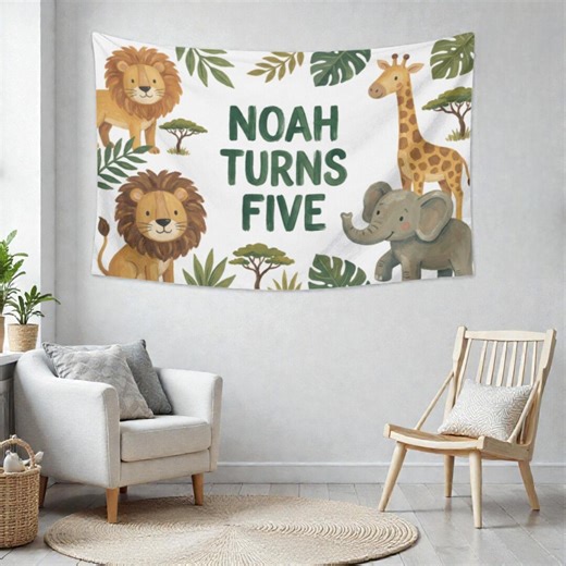 Personalized Safari Birthday Tapestry, Jungle Animals Banner, Custom Name Turns Five Party Backdrop - Etsy