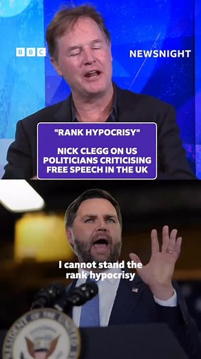 “I think it’s an outrageous example of double standards.” - Ex-Deputy PM Nick Clegg accuses US politicians on the right, including Vice President JD Vance, of “rank hypocrisy” when criticising free speech in the UK. #Newsnight | BBC Newsnight
