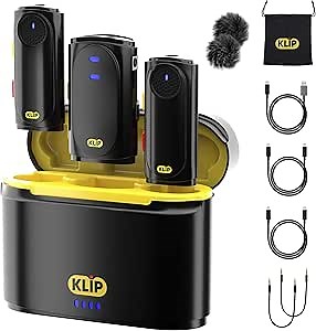 KLIP 𝐊𝐋𝐈𝐏 𝟓-𝐢𝐧-𝟏 MIC PRO Wireless Lavalier Microphones in Charging Case. Professional Wireless mic for iPhone, Android, iPad, Camera, PC, MacBook, DSLR Camera, iMac, GoPro -Recording, Podcast, Vlog