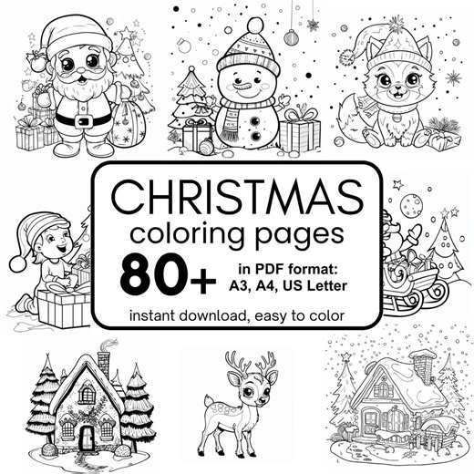 80  Christmas Coloring Pages for Kids (PDF), Printable Sheets, Digital Print at Home, Children - Etsy