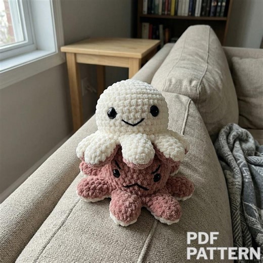 Reversible Octopus Crochet Pattern PDF | Mood Amigurumi Toy Tutorial | Two Faced Happy Sad Plushie | Fidget Octopus | Easy Kids Gift