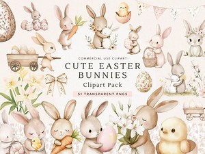 Whimsical Easter Bunny Clipart, Cute Pngs for Craft, Boho Scrapbook Design, Adorable Rabbit, Watercolor Spring Baby Shower, Digital Download - Etsy