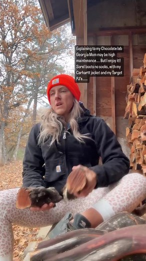 Chatting with My chocolate Lab Georgia about my morning chore look… No socks , Target PJ’s, Carhartt jacket and Sorel boots…. #countryliving #countrylife #itscoldoutside #highmaintenance #chocolatelab #WeTalk | Tiffany Dodenhoff