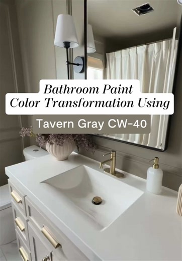 This bathroom transformation is EVERYTHING! 💐✨ We love how @myka | cleaning & organization created a stunning, color drenched space using Tavern Gray CW-40 on the walls, and Revere Pewter HC-172 on her cabinets. See these colors come to life by sampling these shades at your locally owned retailer or on benjaminmoore.com. #BenjaminMoore #Paint #DIY
