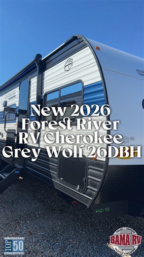 NEW 2026 Forest River Cherokee Grey Wolf Black Label 26DBHBL in Dothan, AL 🐺✨ Perfect blend of style, comfort, and family-friendly design. Quick Stats ⬇️ • Length: ~31 ft • Dry Weight: ~5,900 lbs • Sleeping Capacity: Up to 10 • Double-Over-Double Bunks • Private Front Queen Bedroom • Outdoor Kitchen • Black Label Package (Premium Upgrades) • Solar Prep & Power Awning This one’s built for family adventures without breaking the bank 👨‍👩‍👧‍👦🔥 👉 See it now at www.bamarv.com #GreyWolf26DBHBL #