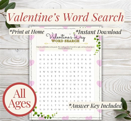 Botanical Valentine Word Search Game Printable With Answer Key - Etsy