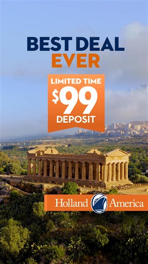 For a limited time, book your Summer 2026 cruise with a $99 Deposit and save up to 60% on our most inclusive cruise package. That’s over $1,400 in savings for a 10-day cruise! Enjoy up to $300 Shore Excursion Credit, free upgrades to the Elite Beverage Package and Premium Wi-Fi, and more. Experience the art of leisurely travel in Alaska, Europe, Canada & New England, and beyond. Offer ends October 29. | Holland America Line | Facebook