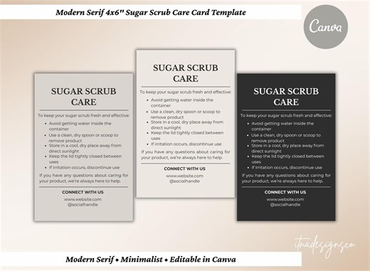 Sugar Scrub Care Card Template - Modern Serif Care Instructions, Editable 4x6 Canva Template, Minimalist Small Business Packaging Insert - Etsy