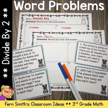 Divide By 2 Word Problems, Task Cards, Worksheets, & Assessments for Third Grade
