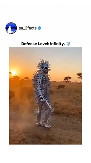 Facts Og on Instagram: "Dm for Credit / Removal The post features a rapidly viral clip with over 734,000 views in just 48 hours, depicting a surreal scenario in the African savanna. The footage shows a humanoid figure clad in a full-body, chrome-plated suit covered in long spikes, casually walking while being aggressively tackled by multiple male lions. Replies are divided between amusement and skepticism; while some users joke that this is the ultimate "anti-social" outfit, others question the 