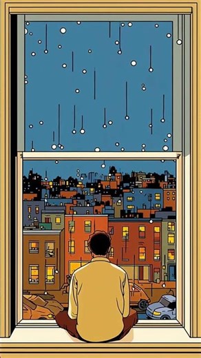 A lonely person sits inside a dim room, watching a rainy city through a window. The sun is going ...
